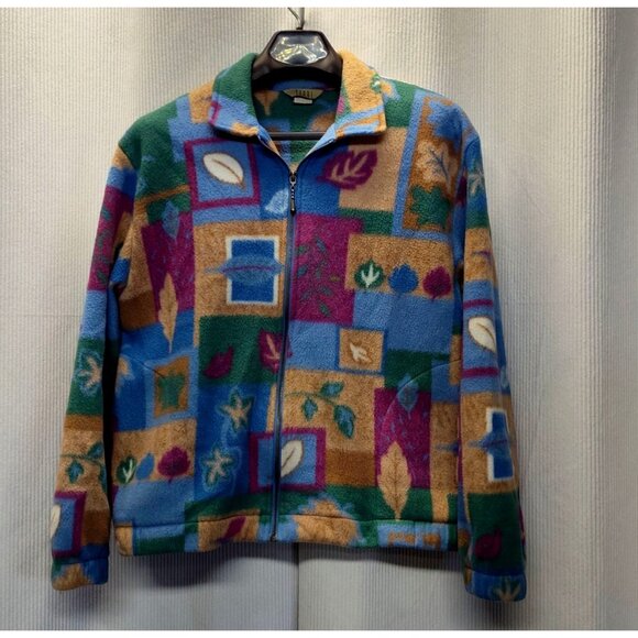 Teddi Petite XL Fleece Jacket Multicolored Leaf & Geometric Pattern Shoulder Pad - Picture 1 of 10